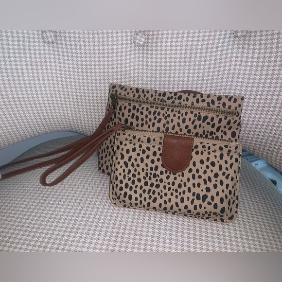 Tan & Black Dalmatian Shoulder Bag and Clutch Wallet Set of 2 - Picture 2 of 15